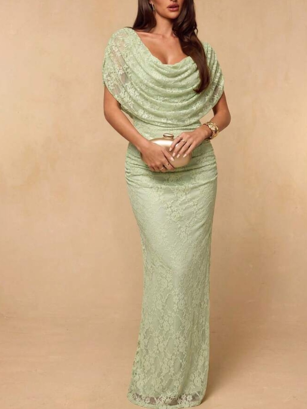 Elegant Green Lace  Draped Evening Dress